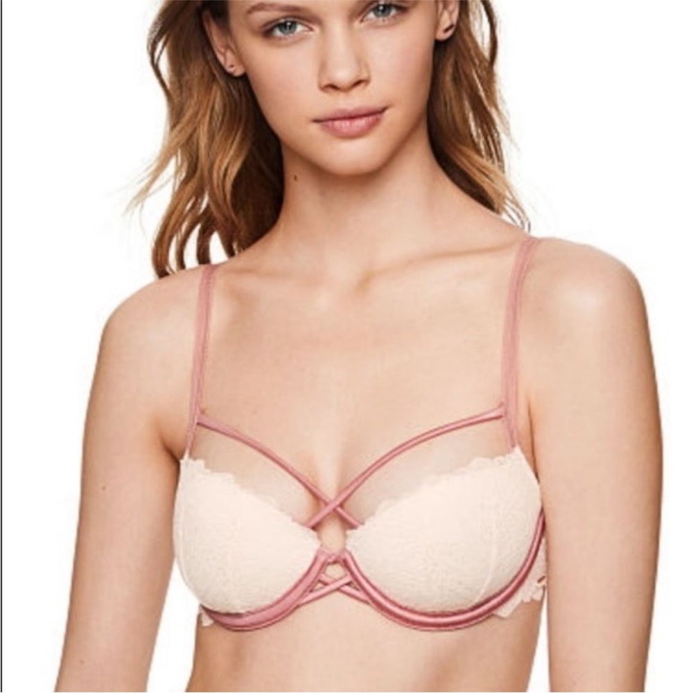 Victoria’s Secret PINK White and Pink Lace Strappy Date Bra